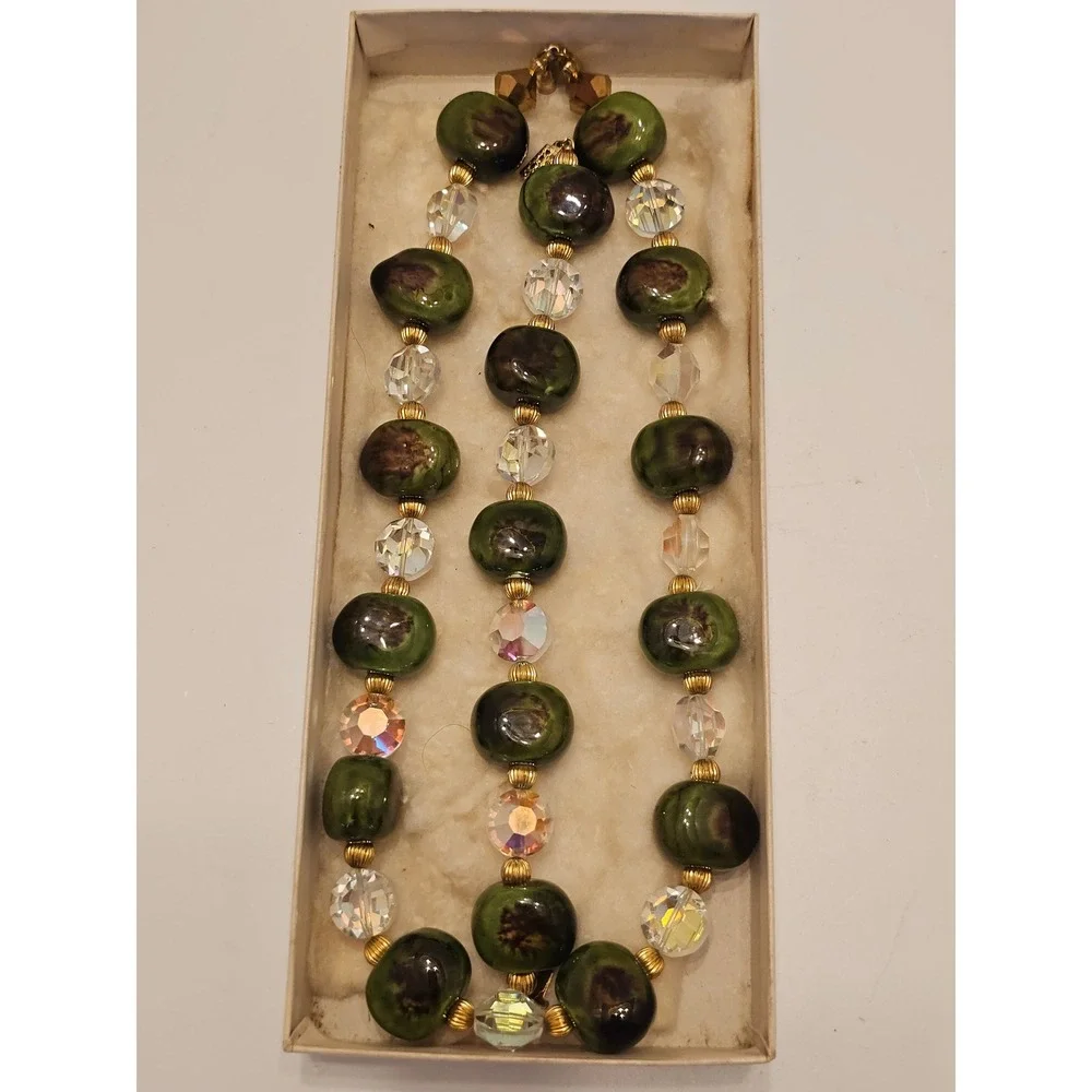 Vintage Green Ceramic & Aurora Borealis Crystal Necklace Bracelet Jewelry Set